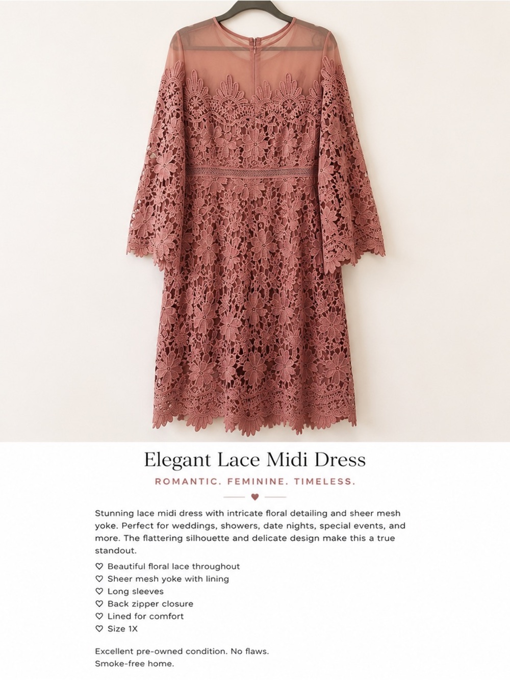 Elegant Lace Midi Dress - Dusty Rose